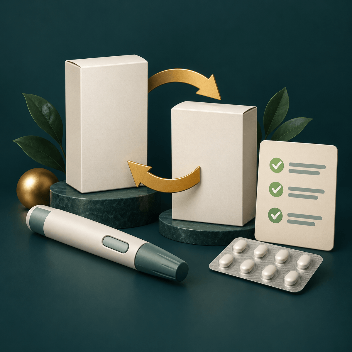 Illustration of medicine cartons, a capped injection pen, tablets and a checklist with exchange arrows, representing pharmacy comparison and switching