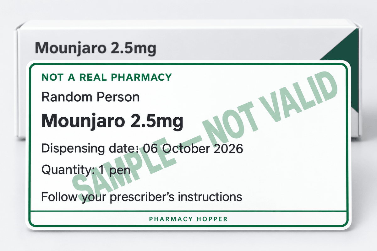 Sample dispensing label for Random Person, Mounjaro 2.5mg, from NOT A REAL PHARMACY, marked SAMPLE: NOT VALID